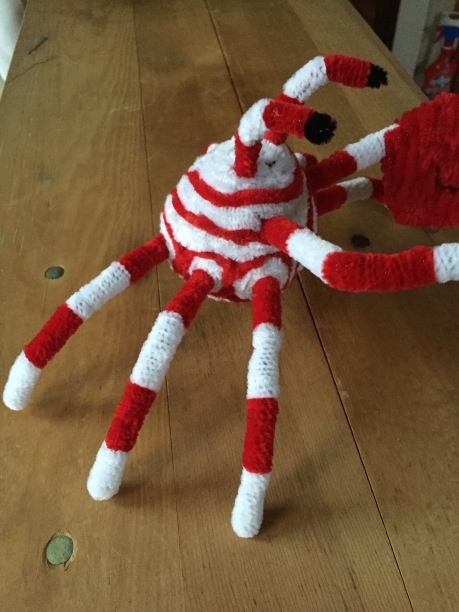 A pipe cleaner crab with a red and white pattern coloring and a detachable claw